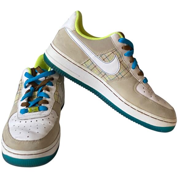 Vtg 2007 Nike Air Force 1 Low 07 Net Plaid 315115-114 Volt Blue Wmns Size 7 Rare - Picture 8 of 12